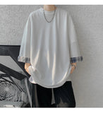 AIDASE  -  Spring Summer Men's Ice Silk T-shirts Women Oversized Plaid T-shirt Korean Style Casual Seven sleeves T-Shirt Male aidase-shop