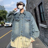 AIDASE  -  Spring American Striped Men's Shirt Denim Jacket Patchwork Fake Two-piece Design Loose Casual Contrast Color Tops aidase-shop