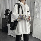 Aidase Fake Two Piece Plaid Patchwork Black White Oversize Harajuku Korean Fashion Casual 2024 Hoodie Long Sleeve Autumn Men Sweatshirt