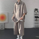 AIDASE  -  Casual Men Two-piece Lapel Short Sleeve Solid Color Male T-shirt Fashion Loose Shorts Fashionable Versatile Sets 21E5888 aidase-shop