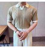 AIDASE  -  Images Simple Striped Ice Silk Elastic Jacquard Turn-down Collar Short Sleeved T-shirt 2025 Contrast Color Male Tops aidase-shop