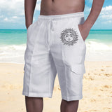 Aidase Vintage Men Linen Shorts Multi Pocket Drawstring Cargo Knee Length Pants Summer Fashion Casual Loose Beach Short Trousers Male