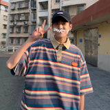 Aidase Japanese Harajuku Style Street Color-blocked Striped Short-sleeved Lapel Shirts Men Women Trendy Hip-hop Loose Casual T-shirts aidase-shop