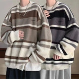 Aidase  Striped Sweater Men's Japanese Loose Retro Student Contrasting Base Shirt Round Neck Knit Jacket Men's Handsome