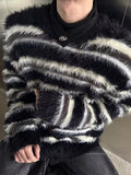 AIDASE  -  Men's Clothing Mohair Black And White Striped Design Plush Sweater Autumn And Winter Knitwear Top pullover pull homme hiver