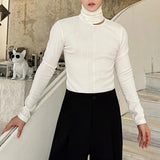 AIDASE  -  Hole High Collar Long-Sleeved T-Shirt For Men Autumn Fashion Slim Solid Color Top Korean Style All-Match Tight Bottoming Shirt aidase-shop