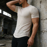 AIDASE  -  Casual Crew Neck Short Sleeve Mens T Shirts Summer Sports Fashion Stretch Slim Pullover Tops Men Vintage Striped Textured Tees aidase-shop