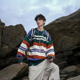 AIDASE  -  Winter Men's Retro O-neck Sweater with Contrasting Stripes Casual Loose Pullover Sweater for Teenagers Preppy Striped Cardigan aidase-shop