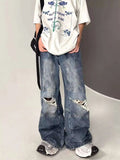 AIDASE  -  American Style High Street Ripped Jeans Men's Loose Wide Leg Floor Length Pants Fashionable Straight-leg Trousers aidase-shop