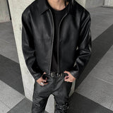 AIDASE  -  Men Clothing Classic Solid Color Leather Jackets For Men's Fall Vintage Outerwear Trendy Zip-up Turn-down Collar PU Leather Coat aidase-shop
