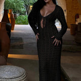 AIDASE  -  Chic Female Solid Tie-up Long Sleeve Hot Robe Dress Sexy Bag Hips Party Dress Women Fishnet Transparent Beach Maxi Dress aidase-shop