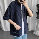 Aidase Elegant Fashion Shirts Loose Solid Patchwork Casual Turn-down Collar Short Sleeve Pockets Spring Summer Thin Men's Clothing aidase-shop