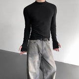 AIDASE  -  Men's Solid Color Half Turtleneck Long-Sleeved T-Shirt American Retro Fashion Trend High Street Slim Breathable Niche Men's Tops aidase-shop