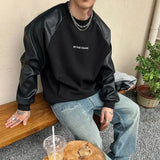 Aidase Mens Y2k Contrast Pu Leather Raglan Sleeves  Sweatshirt Autumn And Winter Genderless Casual Loose Splicing Sweatshirt Unisex aidase-shop