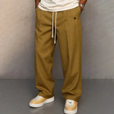 AIDASE  -  Men's Solid Color Drawstring Wide Leg Pants Casual Streetwear Button Detail Loose Straight Trousers Lightweight for Daily Wear aidase-shop