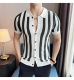 Aidase Slim Fit Men's Lapel Short Sleeve Shirt, Youth Stripes Cardigan, Stretchable, Breathable M-4XL Men's Striped Cardigan aidase-shop