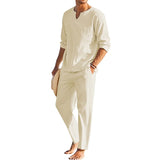 AIDASE  -  Men s Summer Cotton Linen Clothes Solid Color Long Sleeve Henley Shirt Elastic Waist Drawstring Pants 2 Pieces Loungewear Set aidase-shop