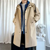 Aidase Men's Windbreaker Jacket Long Trench Oversize Loose Streetwear Hooded Vintage Black Coats High Street Casual Male Outerwear