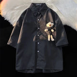 AIDASE  -  Little Bear Decoration Men's Shirt Japanese Solid Color Shorts Sleeve Shirt Summer Loose Casual Male Clothing aidase-shop