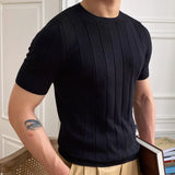 Aidase 2024 O-Neck Stretched Men's Tee Shirt Simple Solid Color Stripe Slim Knitted T Shirt Homme Streetwear Fashion Casual T-Shirt aidase-shop
