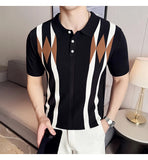 AIDASE  -  Contemporary Men's Polo: White Shirt with Earth-Tone Geometric Lines | Office-to-Outing Versatility M-4XL aidase-shop