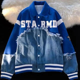 AIDASE  -  American Patchwork Lapel Baseball Coats Men's Green Blue Single Breasted Denim Jacket Campus Couples Retro Loose Street Outwear aidase-shop
