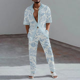 Aidase Fashion 3D Print Two Piece Set Men Summer Short Sleeve Lapel Shirts Top And Pants Casual Suit Streetwear Mens Outfit