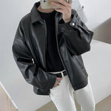 AIDASE  -  Korean Style New Fashion Men's Black Solid Color Turn-down Collar Long Sleeve Zipper Faux Leather Jackets Male Clothes Coats Top aidase-shop