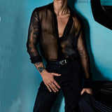 AIDASE  -  Men's Summer Black Thin See-through Clothes Men's Casual Shirt Breathable Blouse Night Bar Club Sexy Costume aidase-shop