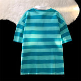 AIDASE  -  Vintage Hong Kong Style Striped Shirt Preppy Polo Collar Short Sleeved T-shirt Men Women Japan Letter Flocking Casual Lapel Top aidase-shop