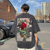 Aidase Washed Rose Print T-shirt Retro Fashion Five-quarter Sleeve Loose Casual Short-sleeved Men's and Women's Tops aidase-shop