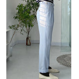 Aidase Sky Blue Seersucker High Waist Straight Pants British Petty Bourgeoisie Blue Stripe Italian Casual Trouser Men Pantalones Hombre aidase-shop