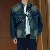 AIDASE  -  Spring Autumn New Men's Tide Punk Short Denim Jackets Loose Large Pockets Stand Collar Casual Zipper Top Trendy Coat aidase-shop