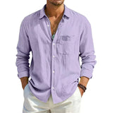 AIDASE  -  Men's Linen Texture Long Sleeve Shirt Light Blue Casual Button Down Shirts with Pocket Summer Old Money Style Breathable Tops aidase-shop