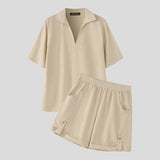 AIDASE  -  Men Sets Solid Color Lapel Short Sleeve Shirt & Shorts Two Pieces Sets Summer Streetwear 2025 Loose Casual Men's Suits aidase-shop