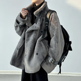 Aidase Korean Style Men's Lamb's Wool Coats Fleece Belt Turn-down Collar Double Breasted Solid Color Loose Male Jackets aidase-shop