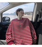 AIDASE  -  Loose Casual Long Sve round Ne T-irt for Teens Autumn New Stripe Couple Base irt Trendy Breathable Polyester Fiber aidase-shop