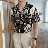 AIDASE  -  Men's Cuban Collar Printed Short Sleeved Shirt Loose Wrinkle Resistant 2025 Contrast Color Single Breast Male Tops