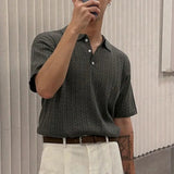 AIDASE  -  Summer New Men Ins Fashion Korean High Street Tees Casual Hemp Pattern Turn-down Collar Knitted Short Sleeve T-shirt HK5143 aidase-shop