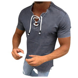AIDASE  -  Jeans Shirt Jackets For Man Short Shirt Tops Male V Tassel Denim Solid Neck Sleeve Blouse Men рубашка мужская с длинным рукавом aidase-shop