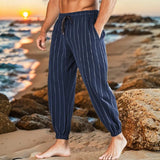 AIDASE  -  Men's Striped Linen Blend Beach Pants Elastic Waist Drawstring Casual Trousers aidase-shop