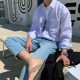 Aidase Unisex Loose Blue Shirt, Casual Solid Color Long-Sleeved Top,Men's  Japanese/Korean Style Outdoor Camping Thin Coat Oversized aidase-shop