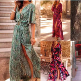 AIDASE  -  Spring Summer Floral Print Slimming Waist Midi Dress Elegance Short Sleeve V-Neck Dress Regular Sleeve Length Ankle-Length aidase-shop