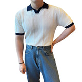 AIDASE  -  Men Summer Striped Jacquard V-Neck Slim Fit Short Sleeve POLO Shirt Man Business Casual Fashion Vintage T-shirt aidase-shop