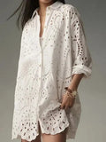 AIDASE  -  Loose Large Size Embroidered Hollow out Spring Shirt Pure Color Collar Women's Top Fashionable Slim Fit Cotton Polyester Blend aidase-shop