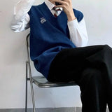 AIDASE  -  Fashion Simple Pullover Sweater Vest for Men College Style Navy Blue Letter V-neck Knitted Sweater Vest All-match Inner Wear aidase-shop