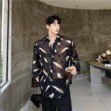 Aidase Men Sexy Feather Hollowed Out Shirt Men's Lapel Long Sleeved Transparent Clothing Streetwear Casual Loose Trendy Design Tops