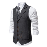 Aidase Men's Retro Lapel Chain Vest Fashion Herringbone Coarse Tweed Pockets Suit Vest British Casual Vintage Gentleman Leisure Party aidase-shop