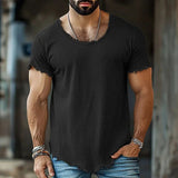 AIDASE  -  Men's Vintage Washed Frayed Edge Soft T-Shirt Casual Deep U-Neck Irregular Hem Short Sleeve Tee Loose Fit Streetwear Summer Tops aidase-shop