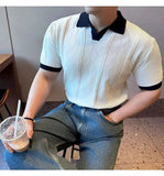 AIDASE  -  Images Simple Striped Ice Silk Elastic Jacquard Turn-down Collar Short Sleeved T-shirt 2025 Contrast Color Male Tops aidase-shop